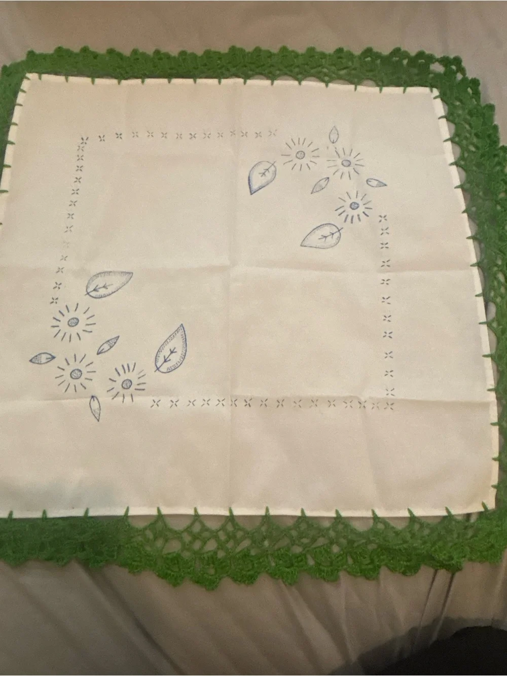 Hand-Embroidered White Tablecloth with Green Crochet Edge